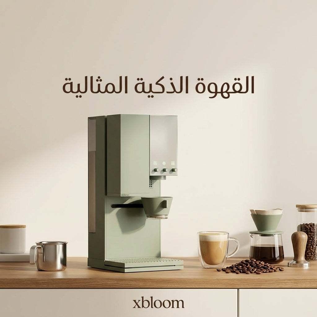 ماكينة xbloom باللون الأخضر banner view توضح تحضير القهوة الذكية المثالية.
