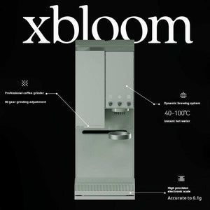 بوستر ماكينة xbloom باللون الأخضر poster diagram يوضح أجزاء الجهاز والقياسات الفنية.