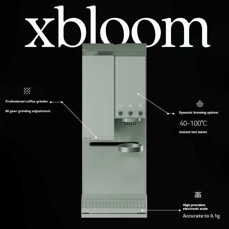 بوستر ماكينة xbloom باللون الأخضر poster diagram يوضح أجزاء الجهاز والقياسات الفنية.