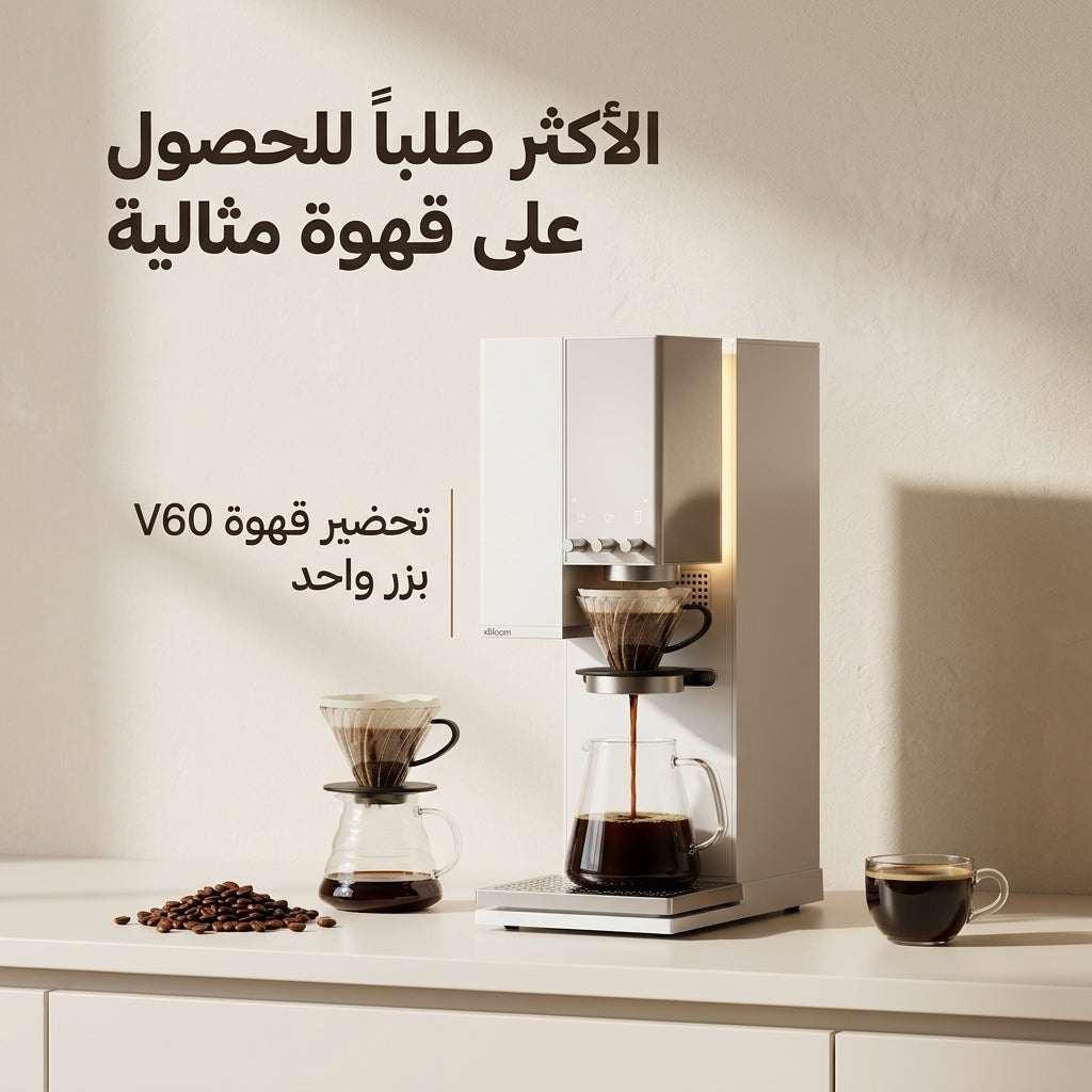 ماكينة xbloom لتخصيص القهوة V60 باللون الأبيض banner view توضح تحضير القهوة بلمسة زر.