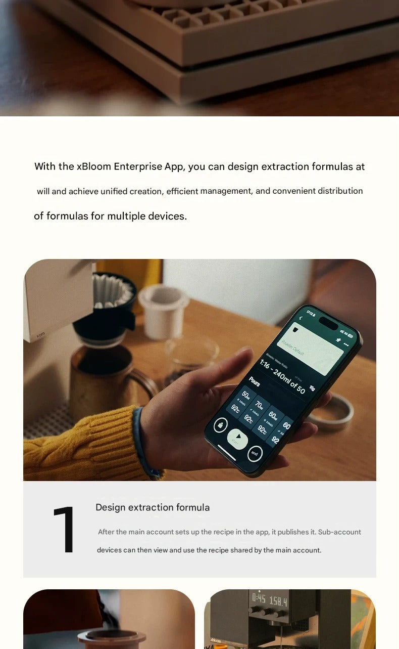 A person holding a smartphone using the xBloom app to adjust grind and temperature settings for a customized coffee recipe.
اكس بلوم ستوديو
اكسبلوم ستوديو 