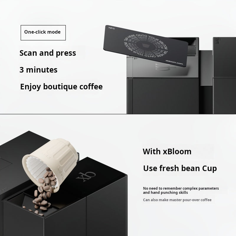 آلية مسح كبسولة القهوة وطحن الحبوب في الة قهوة xBloom Studio scan and pour operation poster.