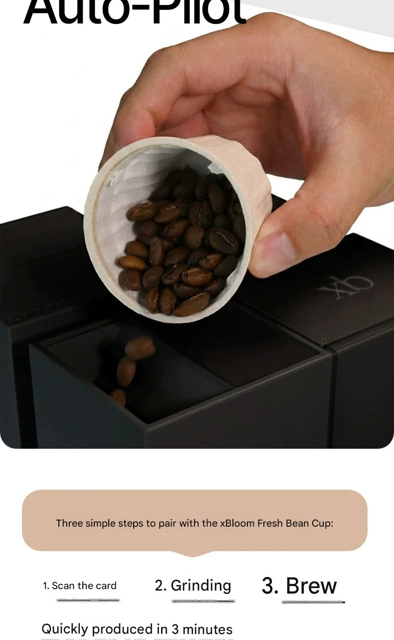 Close-up of coffee beans being poured into the xBloom Studio Enterprise grinder section for automated brewing via Auto-Pilot mode.
اكس بلوم ستوديو
اكسبلوم ستوديو 