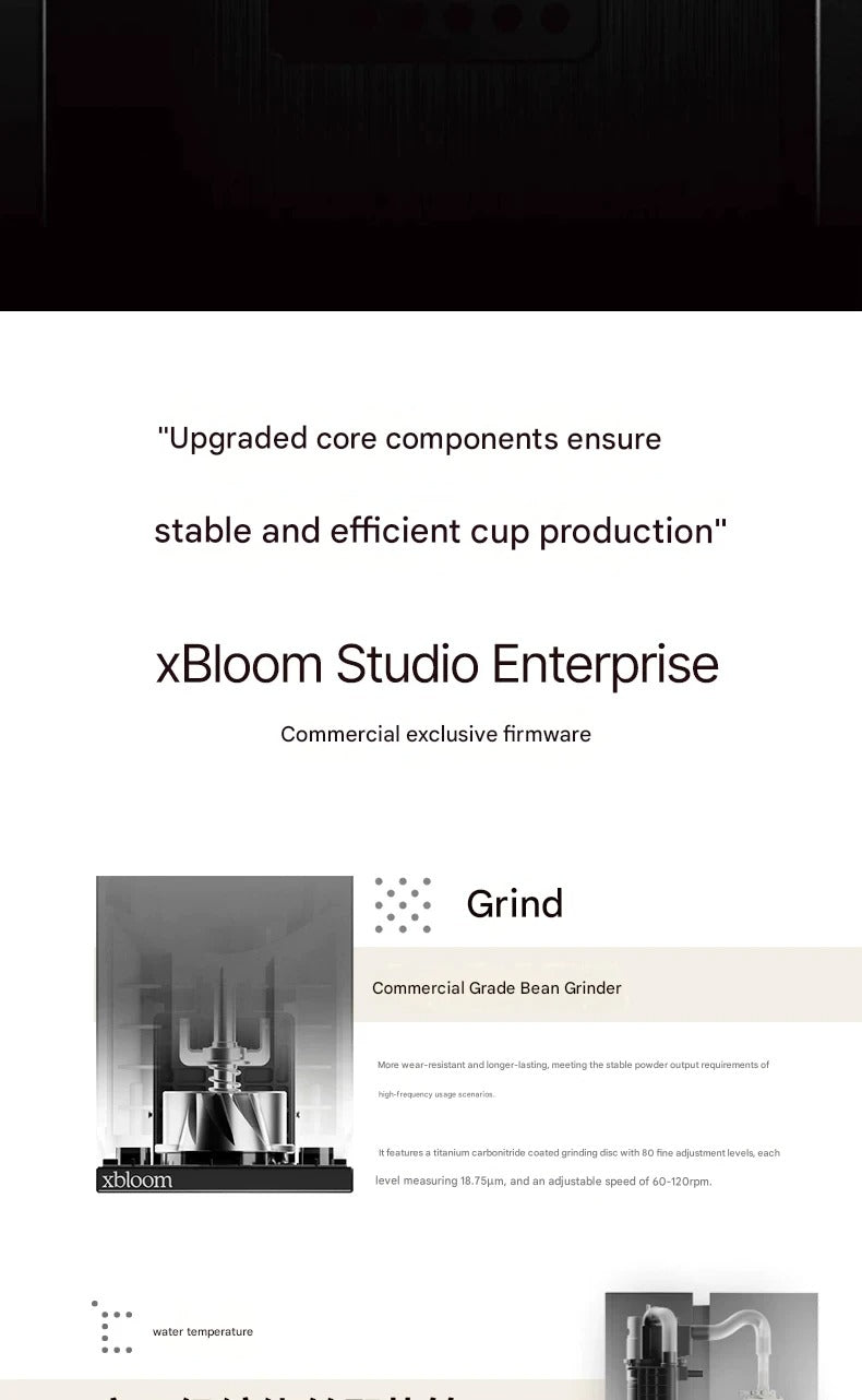 Technical graphic showing the internal commercial grinder and burrs of the xBloom Studio 
Enterprise machine.
اكس بلوم ستوديو
اكسبلوم ستوديو 